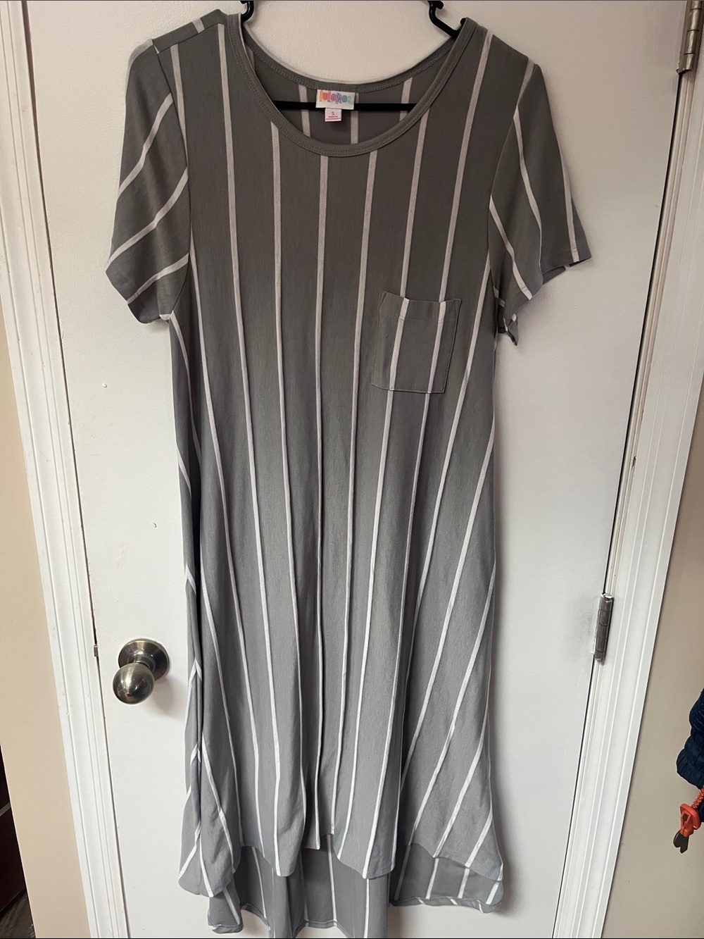 LuLaRoe Gray and White Vertical Stripe Tshirt dress